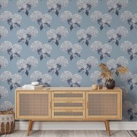Weiße Blumen Tapete, Blaue Vintage Aquarell Wandkunst #885 von Wall2Stick