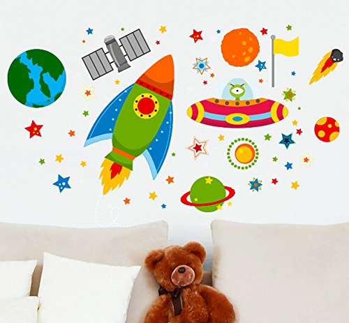 Wall4Stickers Rakete Raumschiff Weltraum UFO Planeten Lernen Wandaufkleber Kinder Decals Cartoon Kindergarten Decals wandbilder Grafiken von Wall4stickers