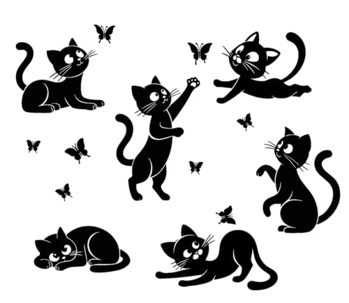 Wandtattoo, Motiv: verspielte Katze und Schmetterling, humorvolle Katze, dynamisches Katzendekor, Schwarz von Wall4stickers