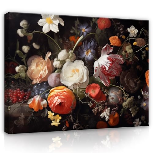 Bilder Blumen Schwarz Bunt Pfingstrosen 100x75 cm - Modern Leinwandbild Groß XXL Wohnzimmer Schlafzimmer Wandbild Kunstdruck Wandbilder Canvas Desing Wand Bild auf Leinwand Aufhängefertig von WallArena