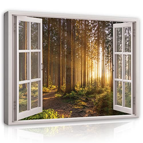 Bilder Fensterbilck Wald Sonne Natur Landschaft Modern Canvas Leinwandbild Fenster Flur Schlafzimmer Wohnzimmer Wandbild Wandbilder Wand Bild auf Leinwand Aufhängefertig (100x75 cm) von WallArena