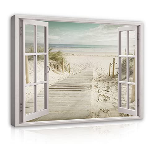 Bilder Fensterblick Meer Strand - Modern Canvas Leinwandbild XXL Illusion Fenster Schlafzimmer Wohnzimmer Wandbild Kunstdruck Wandbilder Wand Bild auf Leinwand Aufhängefertig (14048, 120x80 cm) von WallArena