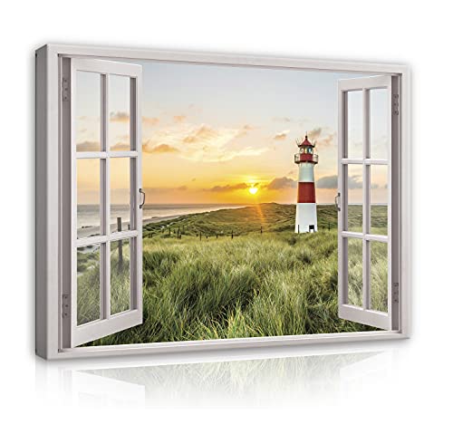 WallArena - Leinwand Bilder - Fensterblick Strand Leuchtturm Fenster - 120x80 cm Leinwandbilder - Bild auf leinwand - Wandbild XXL groß Wandbilder für Wohnzimmer Schlafzimmer Wohnzimmerbilder Modern von WallArena