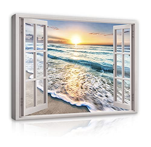 Bilder Fensterblick Strand Meer - Modern Canvas Leinwandbild XXL Illusion Fenster Schlafzimmer Wohnzimmer Wandbild Kunstdruck Wandbilder Wand Bild auf Leinwand Aufhängefertig (14052, 120x80 cm) von WallArena