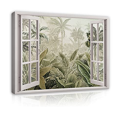 Bilder Fensterblick Wald Dschungel - Modern Canvas Leinwandbild XXL Illusion Fenster Schlafzimmer Wohnzimmer Wandbild Kunstdruck Wandbilder Wand Bild auf Leinwand Aufhängefertig (14051, 100x75 cm) von WallArena