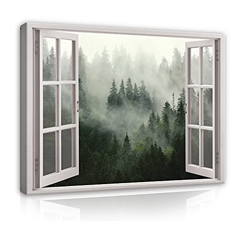 Bilder Fensterblick Wald Nebel - Modern Canvas Leinwandbild XXL Illusion Fenster Schlafzimmer Wohnzimmer Wandbild Kunstdruck Wandbilder Wand Bild auf Leinwand Aufhängefertig (14049, 80x60 cm) von WallArena