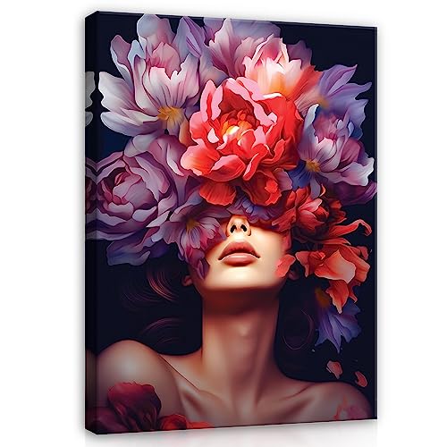 Bilder Frau Gesicht Blumen Abstrakt 100x75 cm - Leinwandbild Modern Canvas Groß XXL Schlafzimmer Wohnzimmer Wandbild Kunstdruck Wandbilder Wand Bild auf Leinwand Aufhängefertig von WallArena