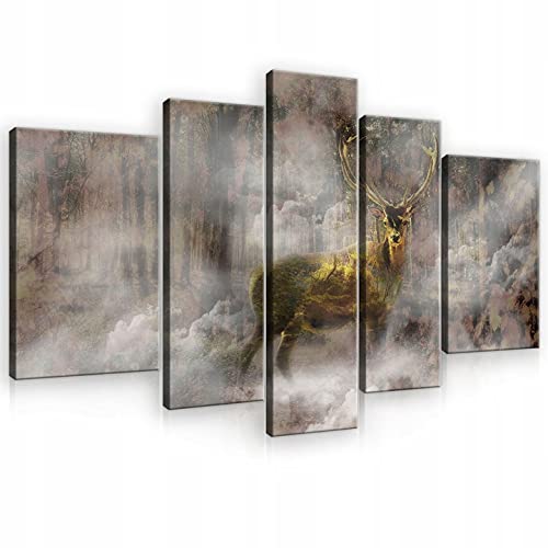 Bilder Hirsch Wald 5 Teling SET Wohnzimmer Canvas Leinwandbilder Wandbild Kunstdruck Wandbilder Wand Bild auf Leinwand UV-Beständig Aufhängefertig (PS10033S4A, S4A (170 x 100 cm)) von WallArena