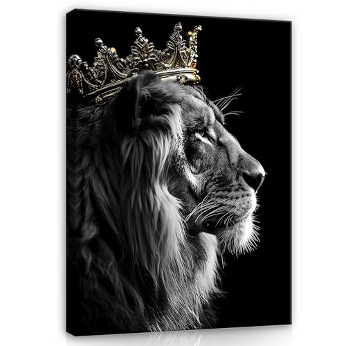 Bilder Löwe mit Krone Motivation Abstrakt Tiere Schwarz Weiß 120x80 cm - Modern Leinwandbild Groß XXL Schlafzimmer Wohnzimmer Wandbild Kunstdruck Wandbilder Wand Bild auf Leinwand Aufhängefertig von WallArena