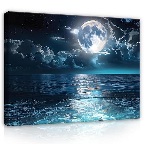 Bilder Natur Meer Mond Nacht Blau 120x80 cm - Modern Leinwandbild Groß XXL Wohnzimmer Schlafzimmer Wandbild Kunstdruck Wandbilder Canvas Desing Wand Bild auf Leinwand Aufhängefertig von WallArena