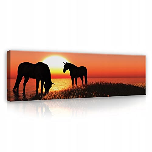 Bilder Pferde Sonnenuntergang Panorama Modern Schlafzimmer Wohnzimmer Leinwandbilder Wandbild Kunstdruck Wandbilder Wand Bild auf Leinwand UV-Beständig Aufhängefertig (PP13603, O3 (145 x 45 cm)) von WallArena