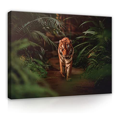 Bilder Tiger Tiere Wald Dschungel 100x75 cm - Leinwandbild Modern Canvas Groß XXL Schlafzimmer Wohnzimmer Wandbild Kunstdruck Wandbilder Wand Bild auf Leinwand Aufhängefertig von WallArena