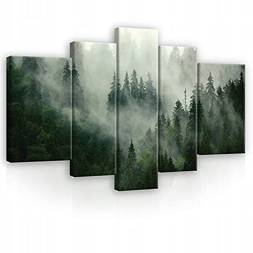 Bilder Wald Nebel Natur Groß 5 Teling SET XXL 170 x 100 cm - Wohnzimmer Canvas Leinwandbilder Wandbild Kunstdruck Wandbilder Wand Bild auf Leinwand UV-Beständig Aufhängefertig von WallArena