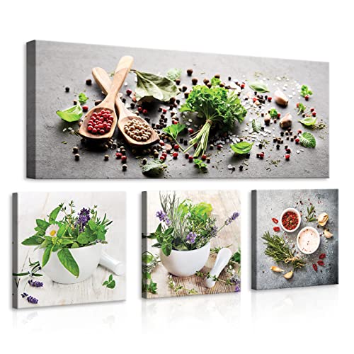 Bilder für Küche Gewürz Kräuter Essen Esszimmer Canvas Leinwandbild Küchebilder Kunstdruck Wandbilder Bild auf Leinwand Modern UV-Beständig SET 4-Teilig Aufhängefertig (PS14285S15, S15 [80 x 55 cm]) von WallArena