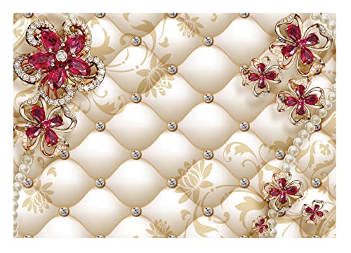 Fototapete 3D Blumen Luxus Diamanten Abstrakt rot beige Lederoptik Fototapeten Schlafzimmer Wohnzimmer Wandtapete Vlies Tapete UV-Beständig Montagefertig (VEM (104x70,5 cm) 1 Bahn, 12060) von WallArena
