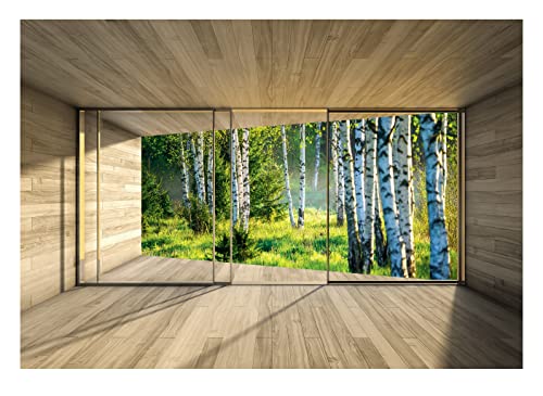 Fototapete 3D EFFEKT Fenster mit Aussicht Natur Ausblick Wald Birkenwald Wohnzimmer Schlafzimmer Vlies Tapete inkl. Kleister Wandtapete UV-Beständig Montagefertig (368x254 cm - 4 Bahnen) von WallArena