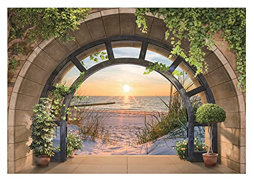 Fototapete 3D EFFEKT Strand Meer Fenster mit Aussicht Natur Ausblick Wohnzimmer Schlafzimmer Vlies Tapete inklusive Kleister Wandtapete UV-Beständig Montagefertig (14084 (152x104 cm) 1 Bahn) von WallArena