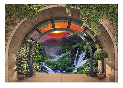 Fototapete 3D EFFEKT Wasserfall Fenster mit Aussicht Natur Ausblick Wohnzimmer Schlafzimmer Vlies Tapete inklusive Kleister Wandtapete UV-Beständig Montagefertig (14083 (208x146 cm) 2 Bahnen) von WallArena