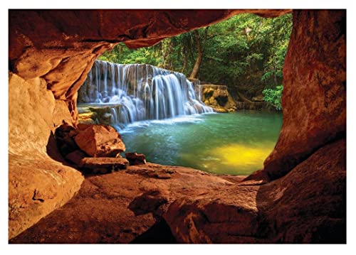 Fototapete 3D EFFEKT Wasserfall Wald Schlucht Höhle Wohnzimmer Schlafzimmer Vlies Tapete inklusive Kleister Wandtapete UV-Beständig Montagefertig (104x70,5 cm - 1 Bahn) von WallArena