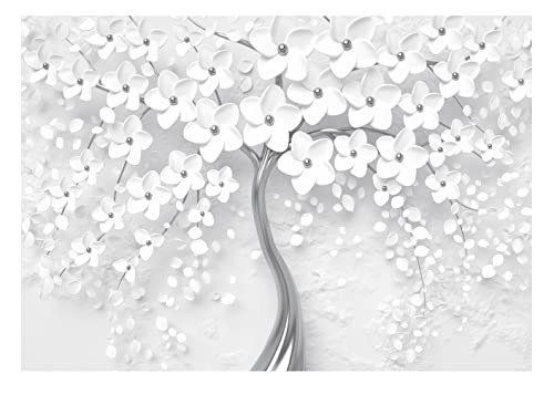 Fototapete 3D Effekt Blumen Baum Abstrakt Wohnzimmer Schlafzimmer Flur Modern Silber Grau XXL Wandtapete Vlies Tapete UV-Beständig Montagefertig (152x104 cm - 1 Bahn) von WallArena