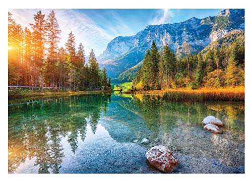 Fototapete Berge Panorama See Landschaft Natur Wald - inkl. Kleister - für Wohnzimmer Schlafzimmer Flur Vlies Tapete Wandtapete Vliestapete Motivtapeten Montagefertig (152x104 cm) von WallArena