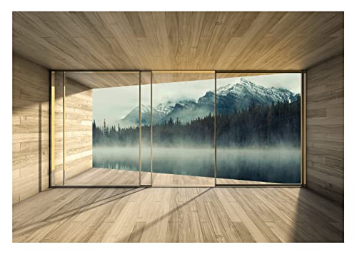 Fototapete Berge See Nebel 3D EFFEKT Fenster mit Aussicht Natur Landschaft Wohnzimmer Schlafzimmer Vlies Tapete inkl. Kleister Wandtapete UV-Beständig Montagefertig (368x254 cm - 4 Bahnen) von WallArena