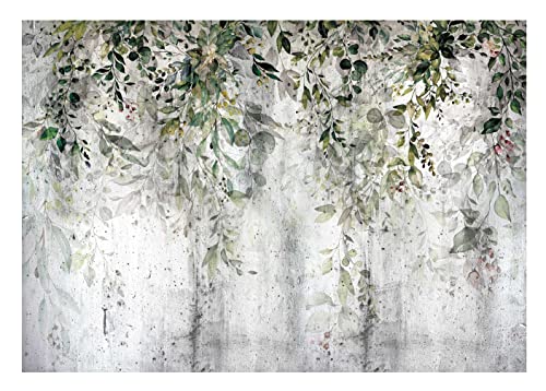 WallArena - Vlies Fototapete Blätter Grüne Pflanzen Natur Beton Vintage Retro 208x146 cm - Fototapeten Tapeten für Wohnzimmer Schlafzimmer Vliestapete Wandtapete Tapete 3D Effekt- inkl. Kleister von WallArena