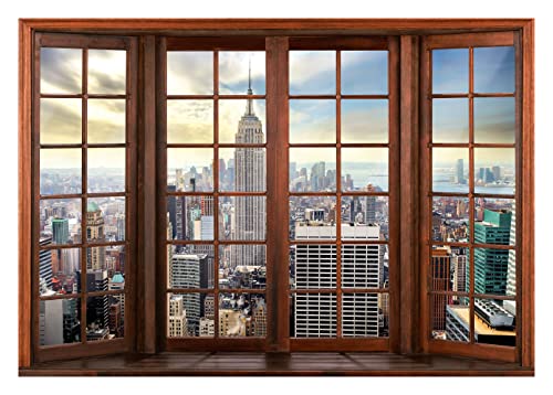 Fototapete Fenster New York 3D EFFEKT Stadt Fensterblick Ausblick Wohnzimmer Schlafzimmer Vlies Tapete inkl. Kleister Wandtapete UV-Beständig Montagefertig (104x70,5 cm - 1 Bahn) von WallArena