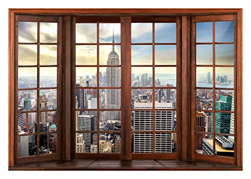 Fototapete Fenster New York 3D EFFEKT Stadt Fensterblick Ausblick Wohnzimmer Schlafzimmer Vlies Tapete inkl. Kleister Wandtapete UV-Beständig Montagefertig (312x219 cm - 3 Bahnen) von WallArena