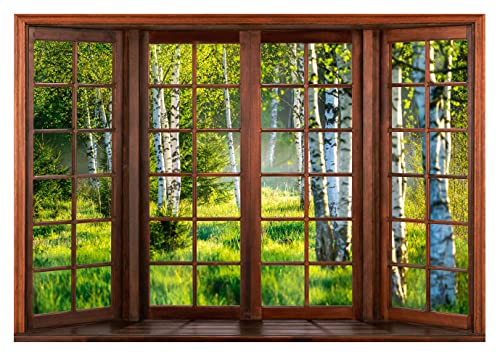 Fototapete Fenster mit Aussicht 3D EFFEKT Birkenwald Birke Natur Ausblick Fensterblick Wohnzimmer Schlafzimmer Vlies Tapete inkl. Kleister Wandtapete UV-Beständig Montagefertig (104x70,5 cm - 1 Bahn) von WallArena