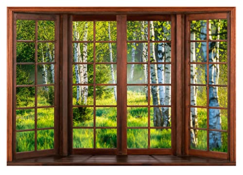 Fototapete Fenster mit Aussicht 3D EFFEKT Birkenwald Birke Natur Ausblick Fensterblick Wohnzimmer Schlafzimmer Vlies Tapete inkl. Kleister Wandtapete UV-Beständig Montagefertig (152x104 cm - 1 Bahn) von WallArena