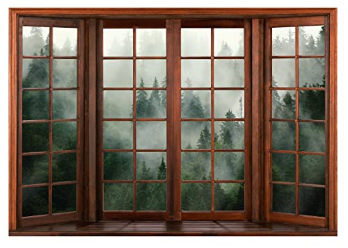 Fototapete Fenster mit Aussicht 3D EFFEKT Wald Nebel Ausblick Wohnzimmer Schlafzimmer Vlies Tapete inklusive Kleister Wandtapete UV-Beständig Montagefertig (312x219 cm - 3 Bahnen) von WallArena