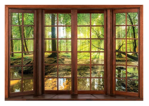 Fototapete Fenster mit Aussicht Wald Sonne Bach 3D EFFEKT Ausblick Wohnzimmer Schlafzimmer Vlies Tapete inkl. Kleister Wandtapete UV-Beständig Montagefertig (368x254 cm - 4 Bahnen) von WallArena