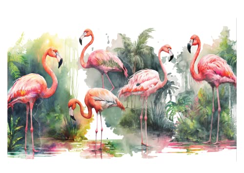 Fototapete Flamingo Tiere Pflanzen Blätter Aquarell - inkl. Kleister - für Wohnzimmer Schlafzimmer Flur Vlies Tapete Vliestapete Wandtapete Motivtapeten Montagefertig (416x254 cm) von WallArena