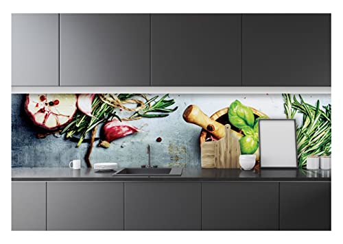 Fototapete Küche Gewürze Kräuter Grau - 250x60 cm Einteilig Premium Küchenrückwand - Inklusive Kleister Modern Küchentapete Fototapeten Vlies Tapete UV-Beständig Montagefertig von WallArena