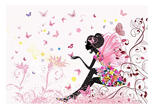 Fototapete Mädchen Fee Kinderzimmer Rosa Blumen Schmetterlinge Wandtapete Vlies Tapete Latexdruck UV-Beständig Montagefertig (104x70,5 cm - 1 Bahn) von WallArena