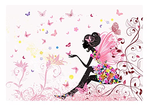 Fototapete Mädchen Fee Kinderzimmer Rosa Blumen Schmetterlinge Wandtapete Vlies Tapete Latexdruck UV-Beständig Montagefertig (208x146 cm - 2 Bahnen) von WallArena