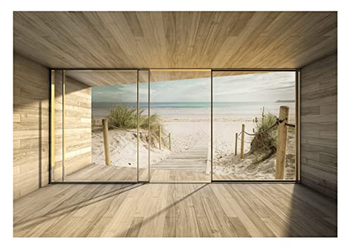 Fototapete Strand Meer 3D EFFEKT Fenster mit Aussicht Ostsee Brücke Wohnzimmer Schlafzimmer Vlies Tapete inklusive Kleister Wandtapete UV-Beständig Montagefertig (368x254 cm - 4 Bahnen) von WallArena