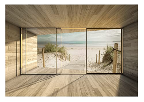 Fototapete Strand Meer 3D EFFEKT Fenster mit Aussicht Ostsee Brücke Wohnzimmer Schlafzimmer Vlies Tapete inklusive Kleister Wandtapete UV-Beständig Montagefertig (416x254 cm - 4 Bahnen) von WallArena