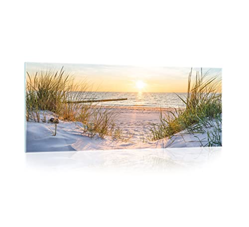 Glasbild Strand Meer Ostsee Natur Landschaft 125x50 cm Modern Glasbilder Wohnzimmer Schlafzimmer Badezimmer Bilder auf Glas Bild groß XXL einteilig Querformat Wandbild Wandbilder Aufhängfertig von WallArena