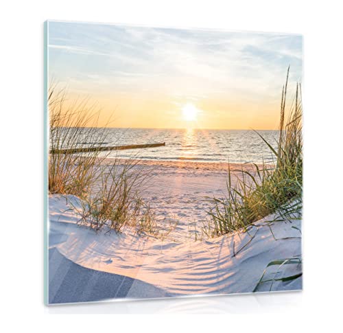 Glasbild Strand Meer Ostsee Natur Landschaft 30x30 cm Modern Glasbilder Wohnzimmer Schlafzimmer Badezimmer Bilder auf Glas Bild groß XXL einteilig Querformat Wandbild Wandbilder Aufhängfertig von WallArena