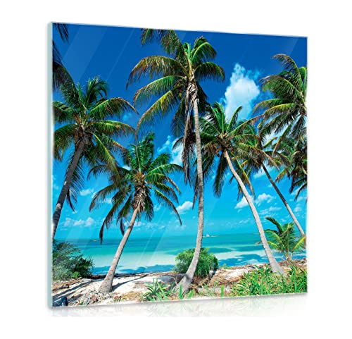 Glasbild Strand Meer Palmen Natur Landschaft 30x30 cm Modern Glasbilder Wohnzimmer Schlafzimmer Badezimmer Bilder auf Glas Bild groß XXL einteilig Querformat Wandbild Wandbilder Aufhängfertig von WallArena