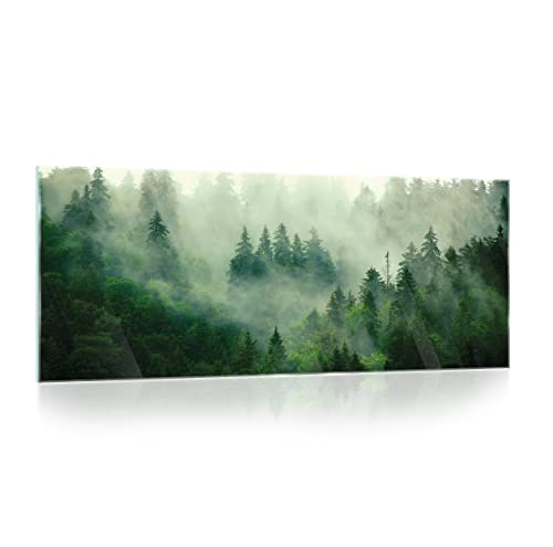 Glasbild Wald im Nebel Natur Landschaft 125x50 cm Modern Glasbilder Wohnzimmer Schlafzimmer Badezimmer Bilder auf Glas Bild groß XXL einteilig Querformat Wandbild Wandbilder Aufhängfertig von WallArena