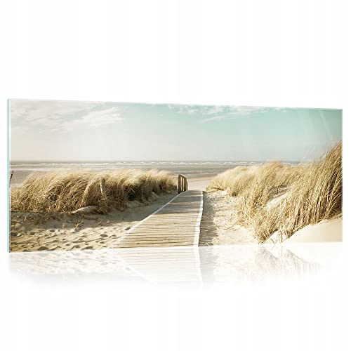 WallArena Glasbilder Strand und Meer Natur 125x50 cm Modern Nordsee Glasbild Küche Badezimmer Wohnzimmer Schlafzimmer Bilder auf Glas einteilig Deco Glass Querformat Wandbilder Aufhängfertig von WallArena