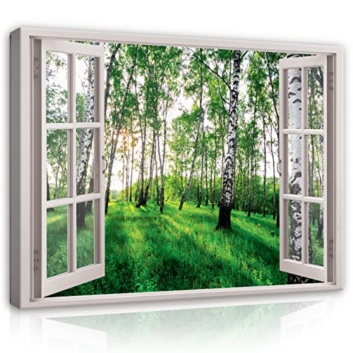 Leinwand Bilder Fenster Wald Birkenwald Natur Landschaft Modern Canvas Leinwandbild Fensterblick Küche Schlafzimmer Wohnzimmer Kunstdruck Wandbilder Wand Bild auf Leinwand Aufhängefertig (120x80 cm) von WallArena