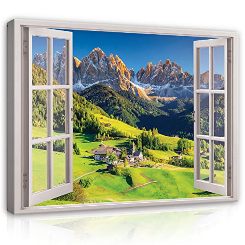 Leinwand Bilder Fensterbilck Berge Alpen Natur Landschaft Modern Canvas Leinwandbild Fenster Küche Schlafzimmer Wohnzimmer Wandbild Wandbilder Wand Bild auf Leinwand Aufhängefertig (100x75 cm) von WallArena