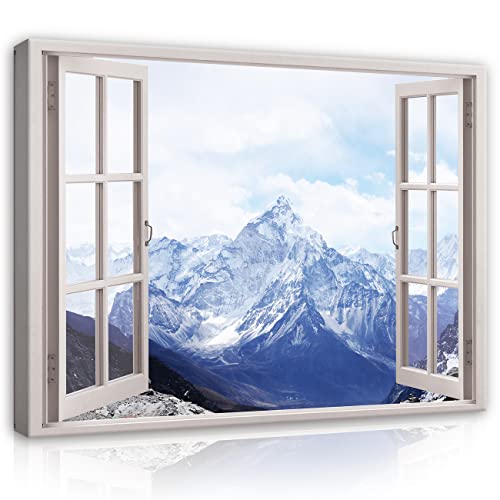 Leinwand Bilder Fensterbilck Berge Panorama Natur Landschaft Modern Canvas Leinwandbild Fenster Küche Schlafzimmer Wandbild Kunstdruck Wandbilder Wand Bild auf Leinwand Aufhängefertig (100x75 cm) von WallArena