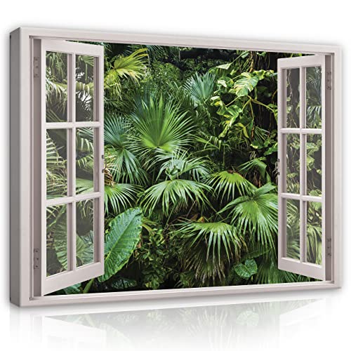 Leinwand Bilder Fensterbilck Dschungel Wald Pflanzen Natur Landschaft Modern Canvas Leinwandbild Fenster Küche Schlafzimmer Wohnzimmer Wandbilder Wand Bild auf Leinwand Aufhängefertig (120x80 cm) von WallArena