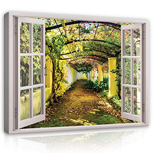 Leinwand Bilder Fensterbilck Garten Panorama Natur Landschaft Modern Canvas Leinwandbild Fenster Küche Schlafzimmer Wohnzimmer Wandbild Wandbilder Wand Bild auf Leinwand Aufhängefertig (100x75 cm) von WallArena