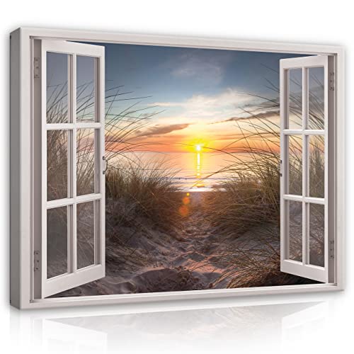 Leinwand Bilder Fensterbilck Strand Meer Nordsee Modern Canvas Leinwandbild Fenster Küche Schlafzimmer Wohnzimmer Wandbild Kunstdruck Wandbilder Wand Bild auf Leinwand Aufhängefertig (120x80 cm) von WallArena